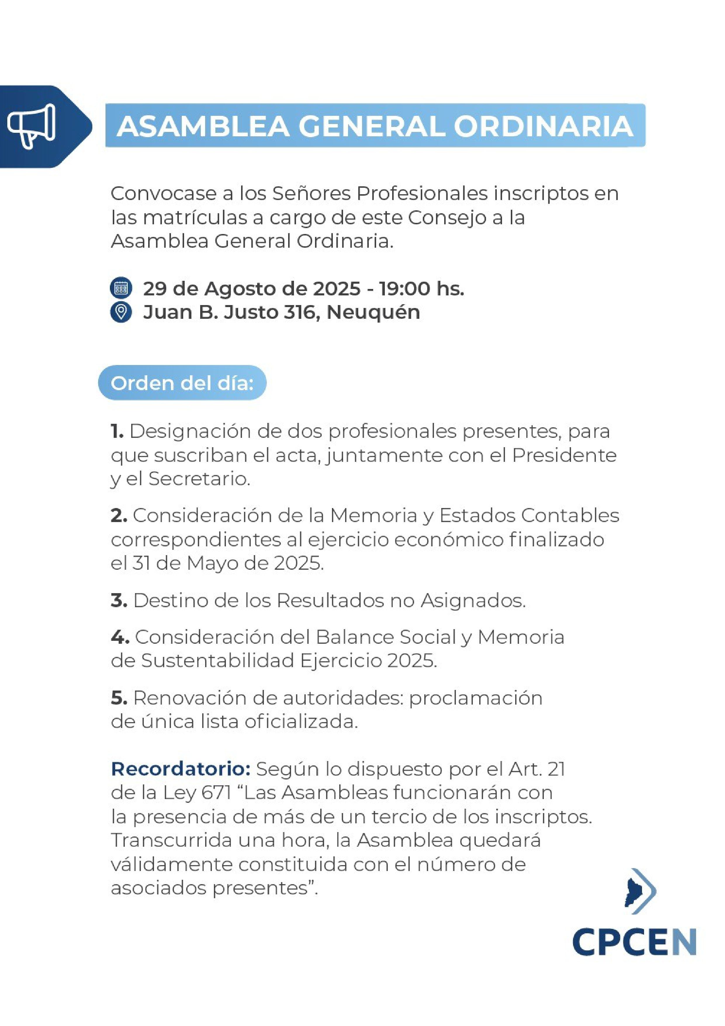 CONVOCATORIA ASAMBLEA GENERAL ORDINARIA 29/08/2025