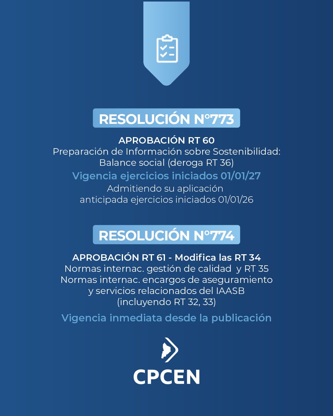 Resolución 773 y 774 - Aprobación RT. 60 y RT. 61